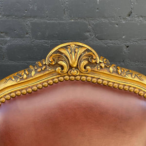 Pair of Antique French Louis XVI Gold-Leaf Gilded Carved Wood & Cognac Leather Side Chai