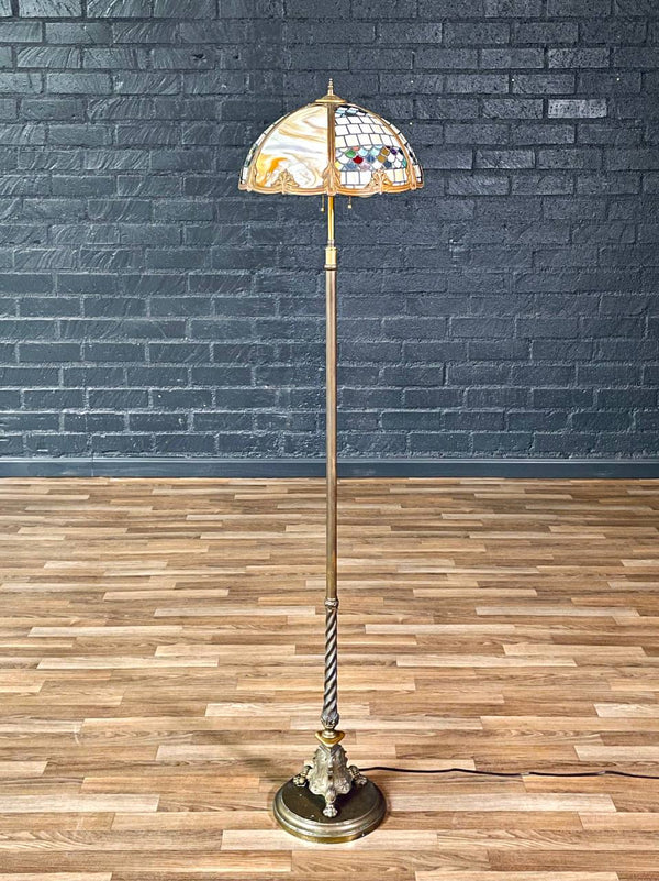 Tiffany Style Art Nouveau Style Floor Lamp w/ Slag Glass Shade, c.1940’s