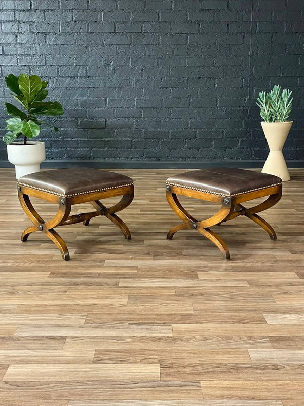 Pair of Italian Neoclassical Style Curule Leather Benches, c.1940’s