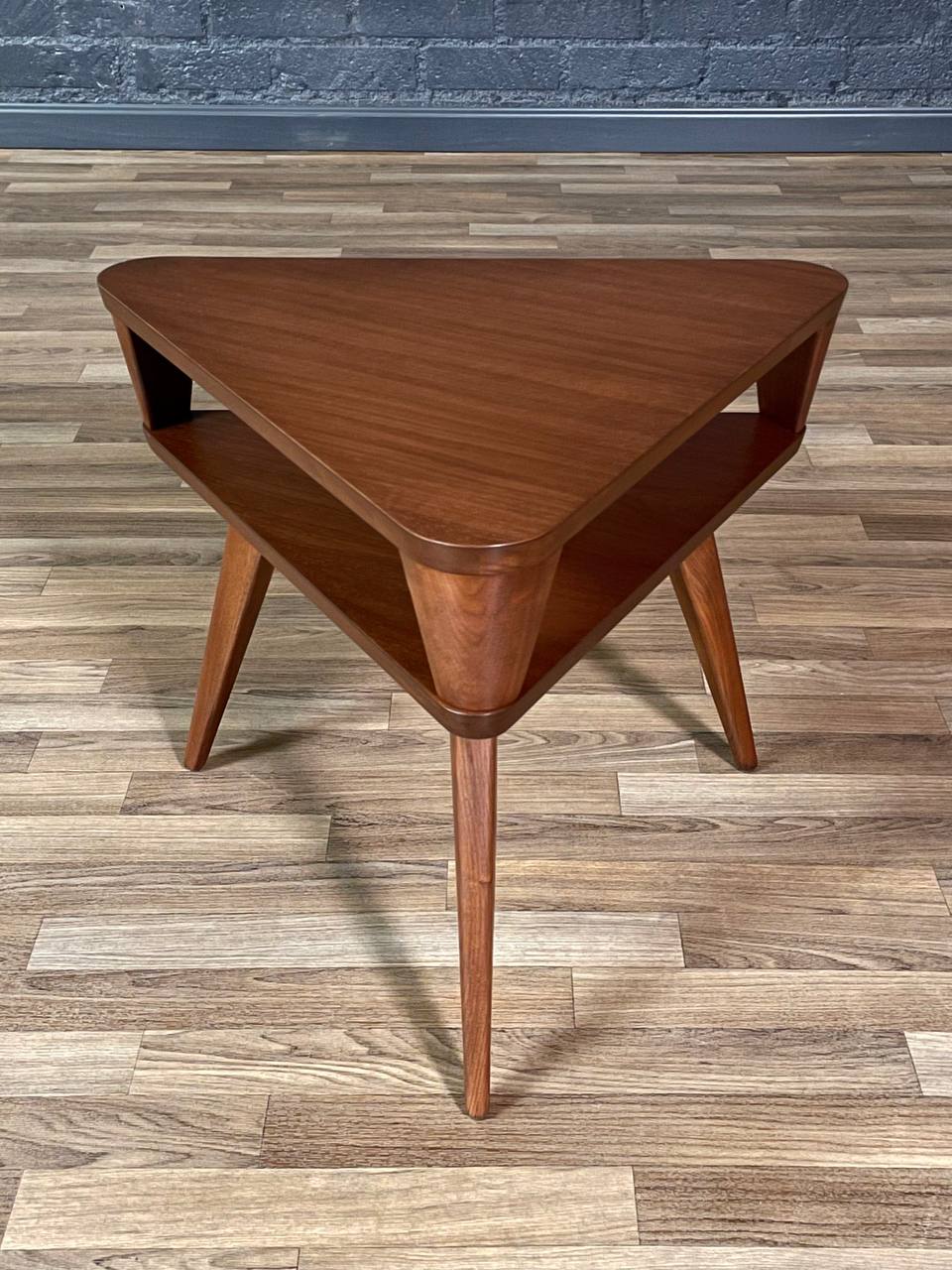 Triangular Table Large Mid-Century Modern Triangular Two-Tier Side Table w/ Bookshelf, c.1950 ...