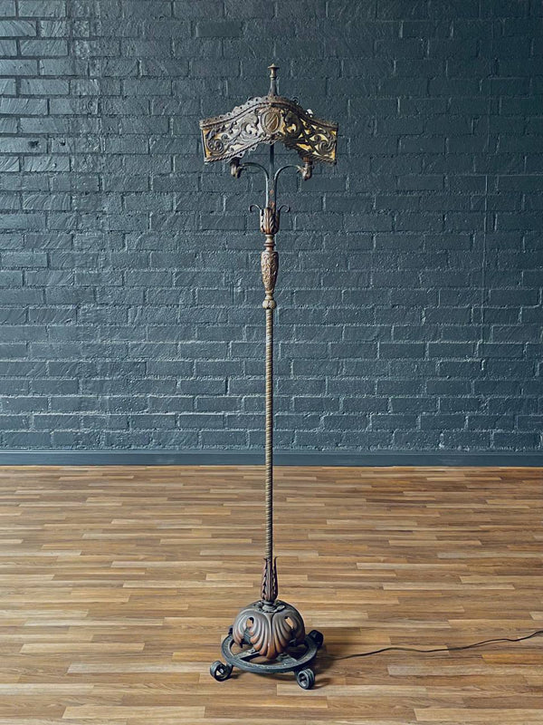 Early 20th Century Spanish Revival Floor Lamp w/ Amber Mica Panels & Cast Iron Details