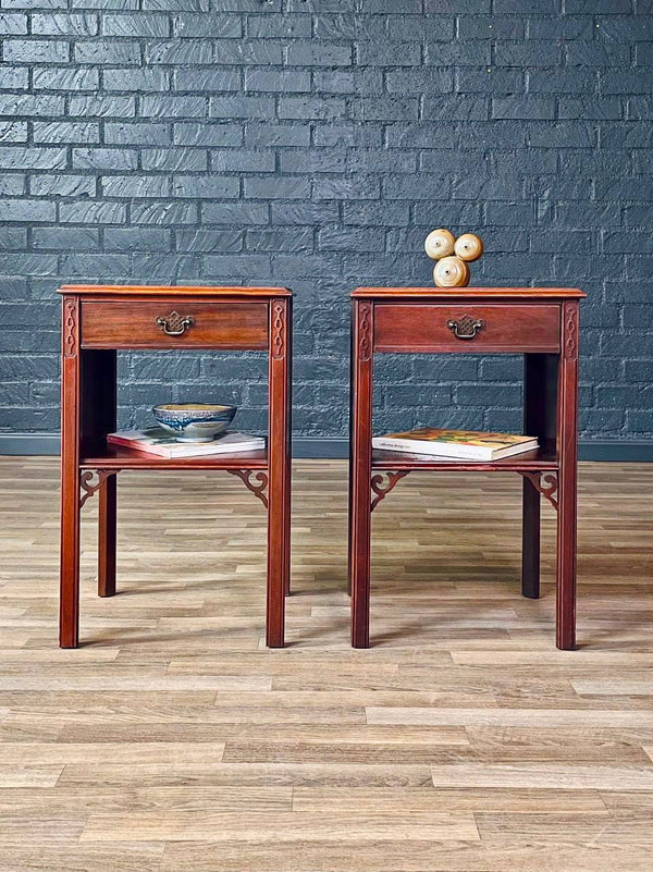 Pair of American Colonial Style Mahogany Night Stands w/ Bookcase, c.1930’s