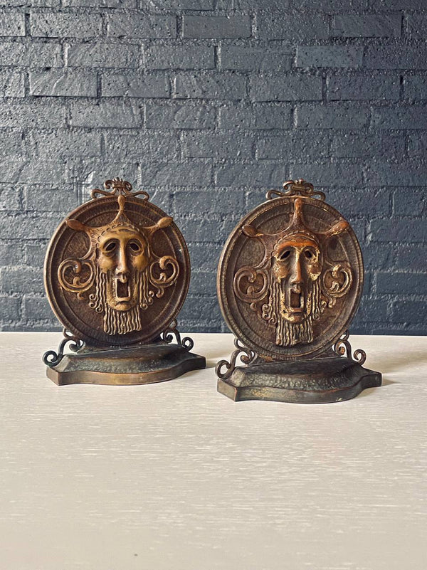 Pair of Antique Art Deco Bronze Theatrical Mask Bookends by Bruno Bach, c.1920’s