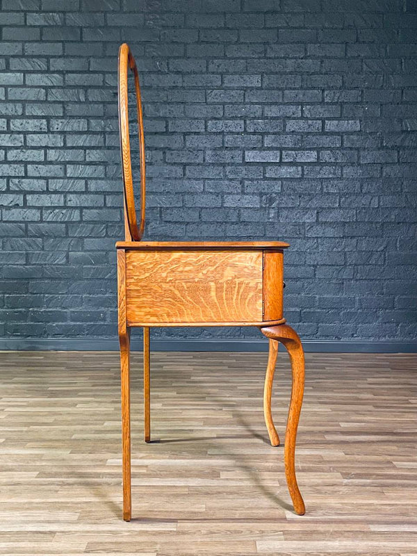 French Art Nouveau Style Tiger Oak Dressing Desk w/ Sculpted Cabriole Legs & Heart Mirror, c.1920’s