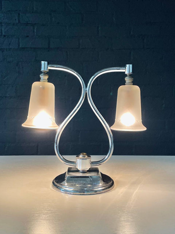 Art Deco Chrome Twin Arm Desk Lamp w/ Frosted Glass Shades, c.1930’s