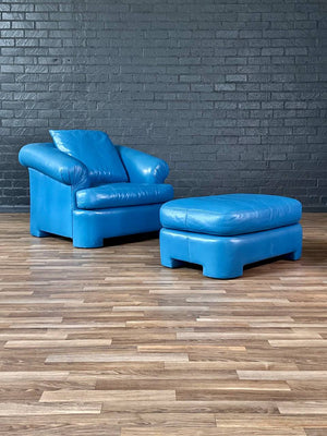 Vintage Post Modern Blue Leather Lounge Chair w/ Ottoman, c.1980’s