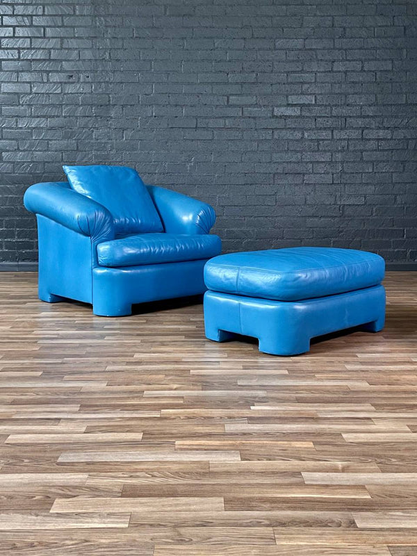 Vintage Post Modern Blue Leather Lounge Chair w/ Ottoman, c.1980’s