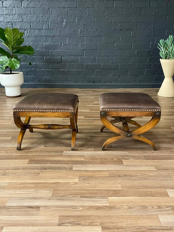 Pair of Italian Neoclassical Style Curule Leather Benches, c.1940’s