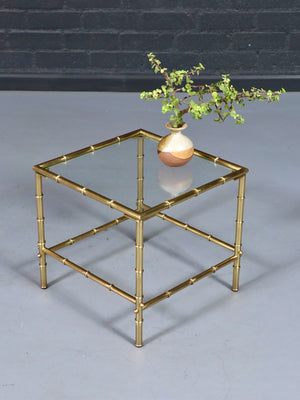 Pair of Hollywood Regency Faux Brass Bamboo & Glass Side Tables, c.1960’s