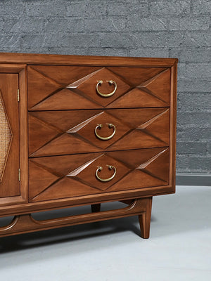 Mid-Century Modern Sculpted Dresser w/ Cane & Brass Accents, c.1960’s