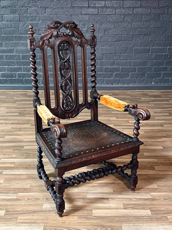 English Baroque Oak & Tooled Leather Armchair w/ Barley Twist Legs, c.1910’s