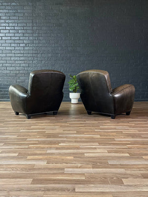 Pair of Art Deco Style Dark Olive Green Leather Chairs