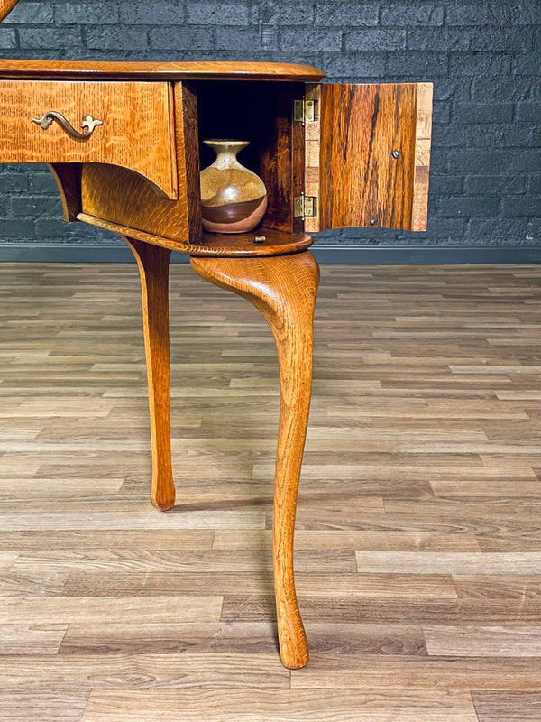 French Art Nouveau Style Tiger Oak Dressing Desk w/ Sculpted Cabriole Legs & Heart Mirror, c.1920’s