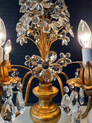 Italian Gilt Tole Floral Crystal Candelabra Table Lamp, c.1950’s