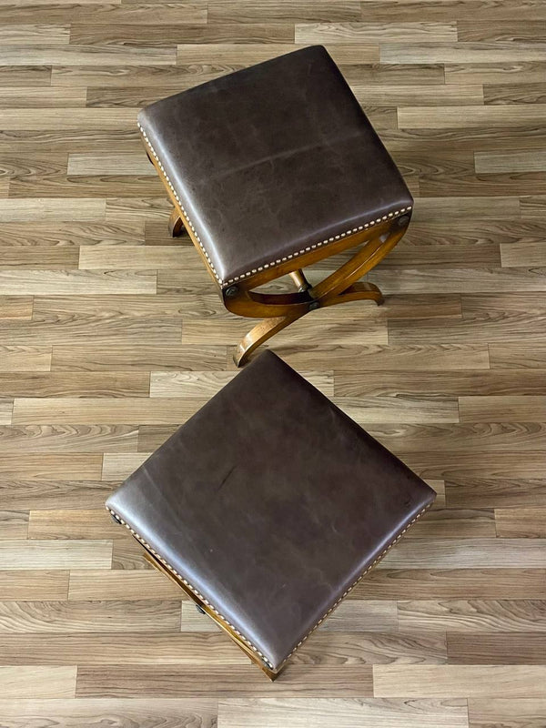 Pair of Italian Neoclassical Style Curule Leather Benches, c.1940’s