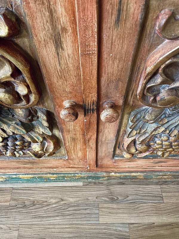 Rustic Spanish Colonial Hacienda Cabinet w/ Hand-Carved Faces, c.1960’s