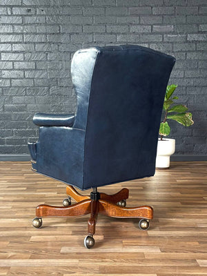 Vintage Wingback English Chesterfield Style Blue Leather Office Chair, c.1960’s