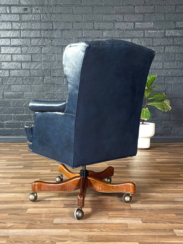 Vintage Wingback English Chesterfield Style Blue Leather Office Chair, c.1960’s