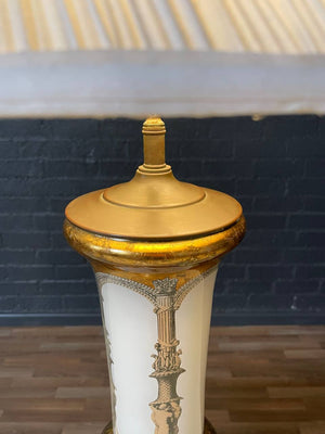 French Neoclassical Style Reverse Painted Glass w/ Classical Male Figural Motifs Table Lamp, c.1930’s