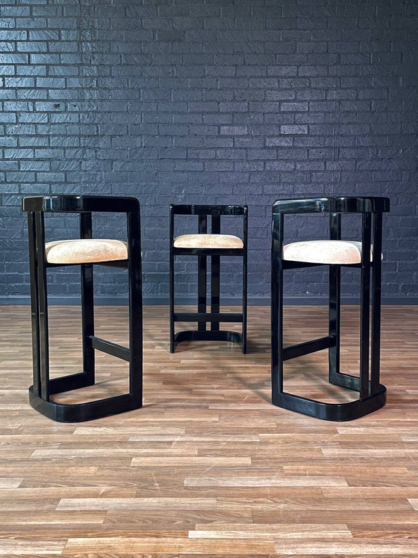 Set of 4 Vintage Post Modern Black Lacquered Bar Stools, c.1980s