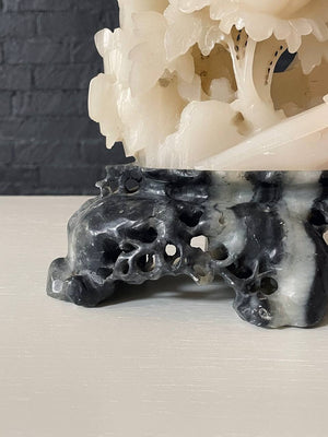Vintage Italian Neoclassical Carved Alabaster Table Lamp w/ Floral & Bird Motif