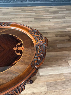Italian Rococo Revival Carved Walnut Coffee Table w/ Floral Marquetry Inlay c.1920's