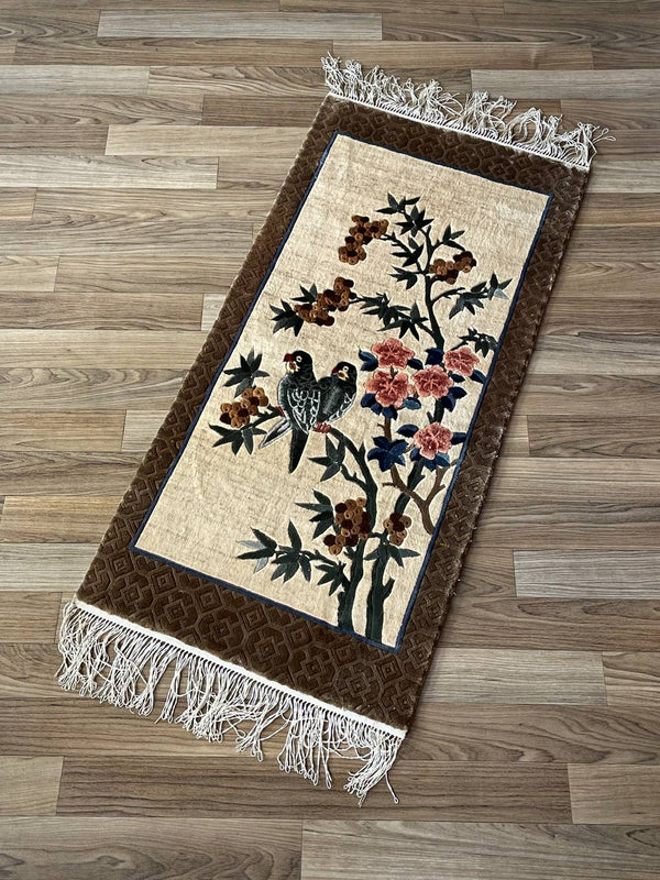 Vintage Silk Rug Tapestry With Birds Motif