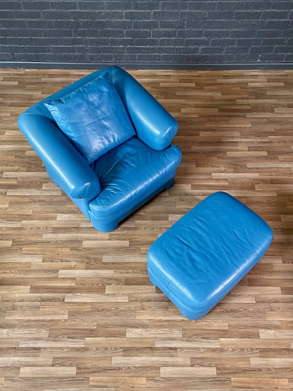 Vintage Post Modern Blue Leather Lounge Chair w/ Ottoman, c.1980’s
