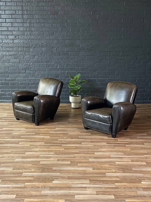 Pair of Art Deco Style Dark Olive Green Leather Chairs