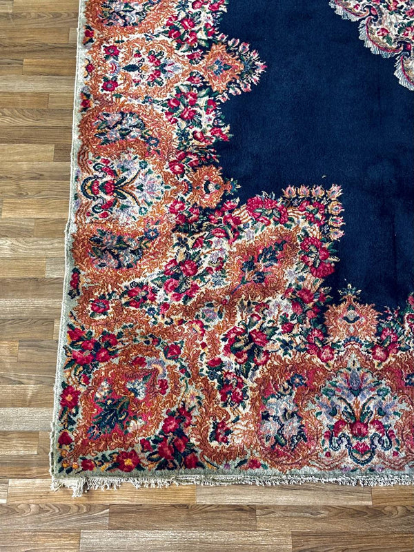 Large Persian Kashan Rug Hand-Knotted Rust Floral Medallion on Deep Indigo Field, c.1930s
