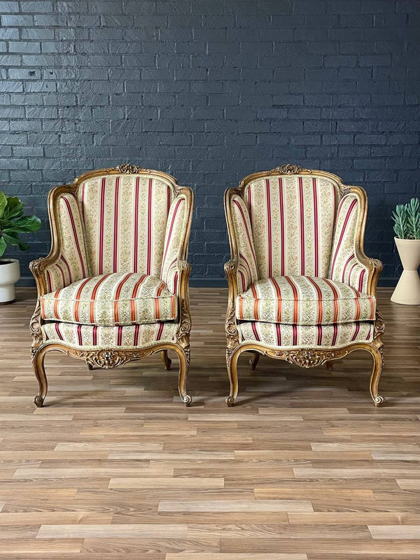 Pair of French Louis XV Style Giltwood Bergère Armchairs, c.1940’s