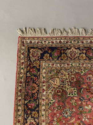 Vintage Persian-Style Floral Medallion Area Rug with Navy Border