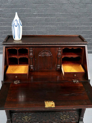 English Renaissance Revival Carved Oak Green Man Secretary Desk, c.1900's