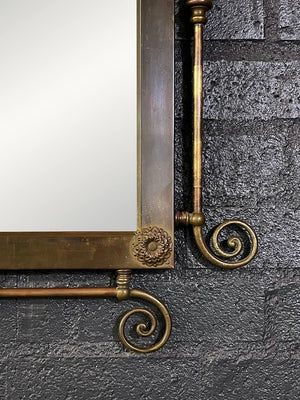 Antique Victorian Revival Brass Wall Mirror with Floral Rosettes & Scrollwork, c.1950's