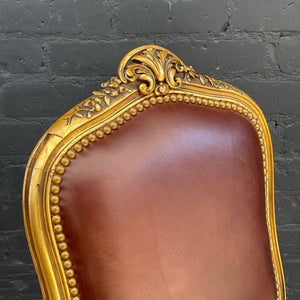 Pair of Antique French Louis XVI Gold-Leaf Gilded Carved Wood & Cognac Leather Side Chai