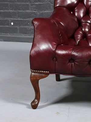 English Edwardian Chesterfield Style Leather Chair & Ottoman, c.1960's