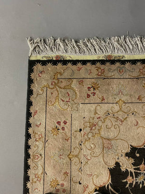 Persian-Style Black & Ivory Floral Medallion Rug with Inscription