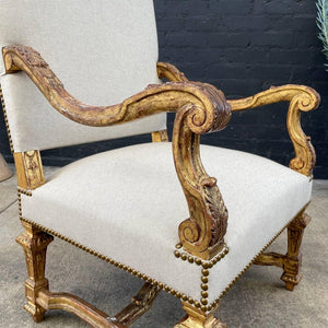 Pair of Italian Giltwood & Linen Arm Chairs