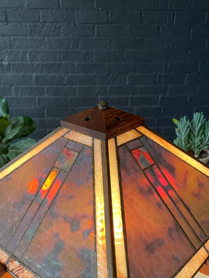 Arts & Craft Mission Oak Table Lamp w/ Slag Glass, c.1940’s