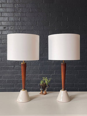 Pair of Mid-Century Modern Tapered Ceramic & Walnut Table Lamps, c.1960’s