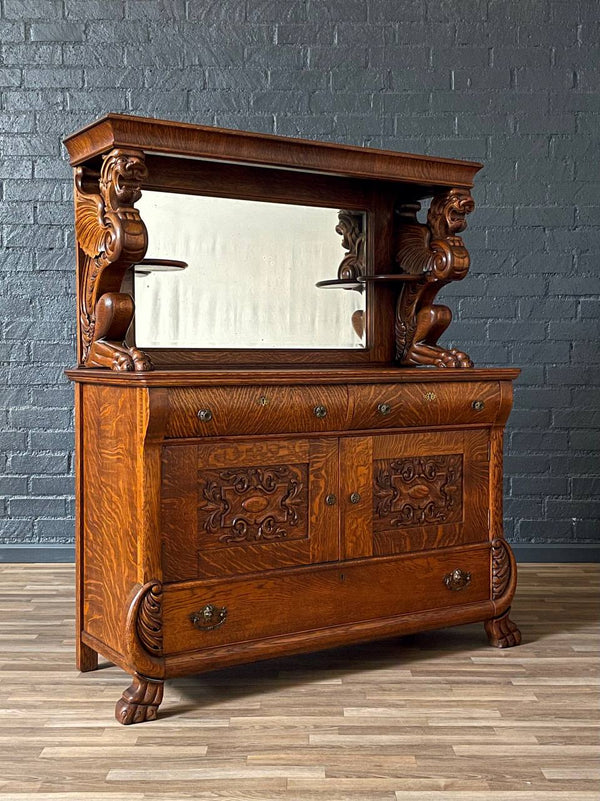 Antique American Quarter-Sawn Oak Sideboard w/ Winged Griffin Carvings, c.1920’s