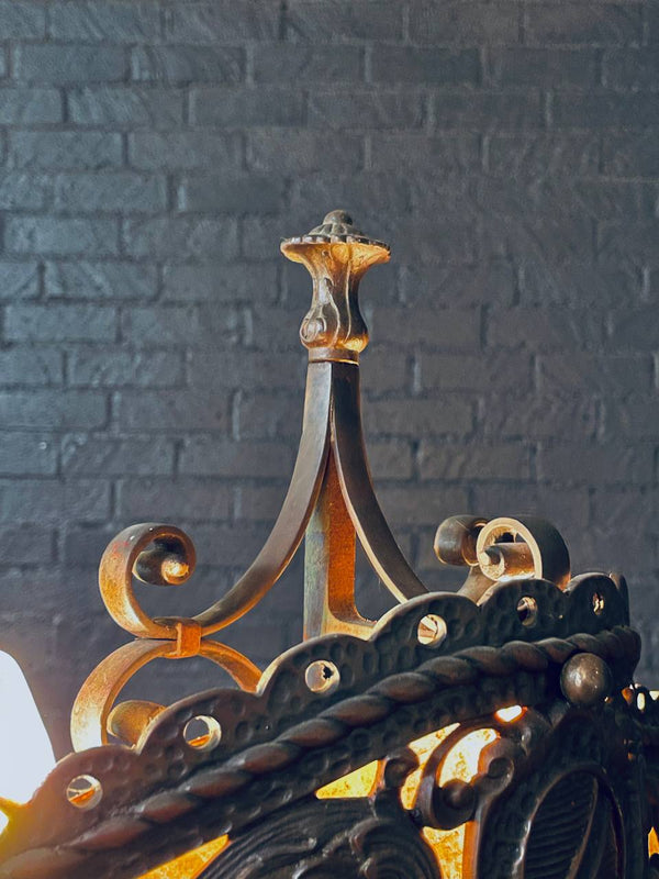 Early 20th Century Spanish Revival Floor Lamp w/ Amber Mica Panels & Cast Iron Details