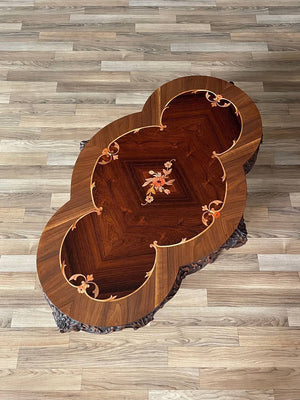 Italian Rococo Revival Carved Walnut Coffee Table w/ Floral Marquetry Inlay c.1920's
