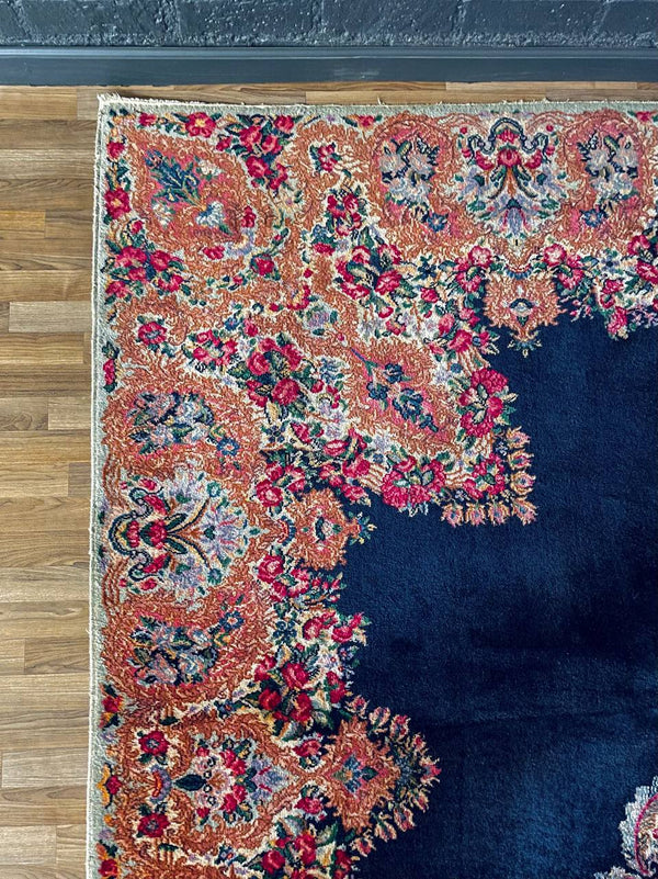Large Persian Kashan Rug Hand-Knotted Rust Floral Medallion on Deep Indigo Field, c.1930s