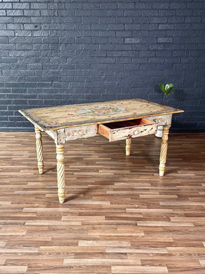 American Farmhouse Painted Oak Harvest Dining Table, Distressed Finish, 1940’s