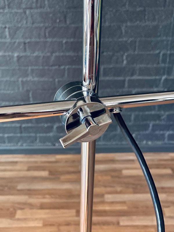 Mid-Century Modern Adjustable Chrome Orb Floor Lamp w/ Leather-Wrapped Handle, c.1970’s