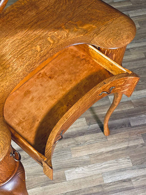 French Art Nouveau Style Tiger Oak Dressing Desk w/ Sculpted Cabriole Legs & Heart Mirror, c.1920’s