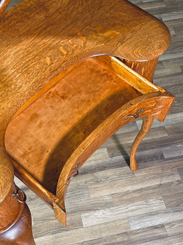 French Art Nouveau Style Tiger Oak Dressing Desk w/ Sculpted Cabriole Legs & Heart Mirror, c.1920’s