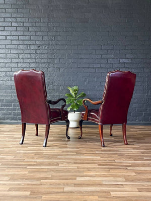 Pair of English Chippendale Style Button Tufted Leather Arm Chairs, c.1960’s