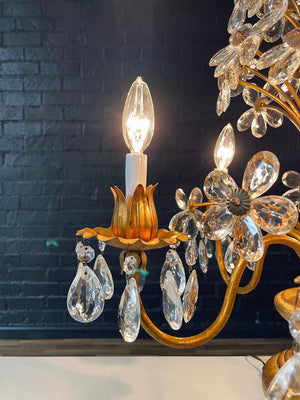 Italian Gilt Tole Floral Crystal Candelabra Table Lamp, c.1950’s